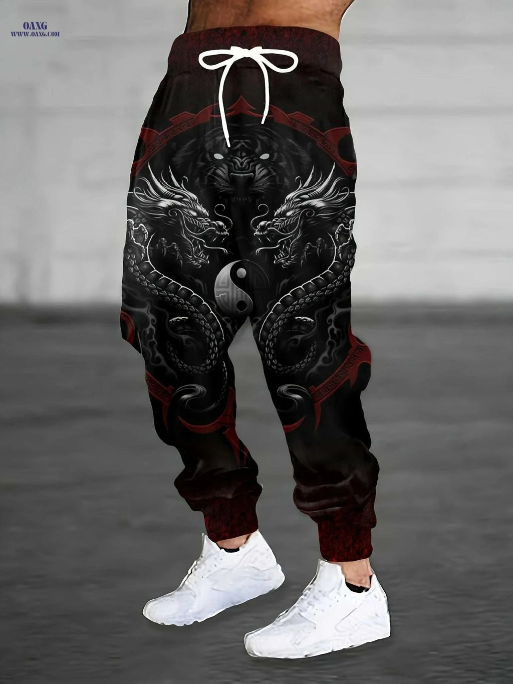 Men’s Casual Joggers - Unique Dragon & Yin-Yang Design, Loose Fit   OAXG Black / S