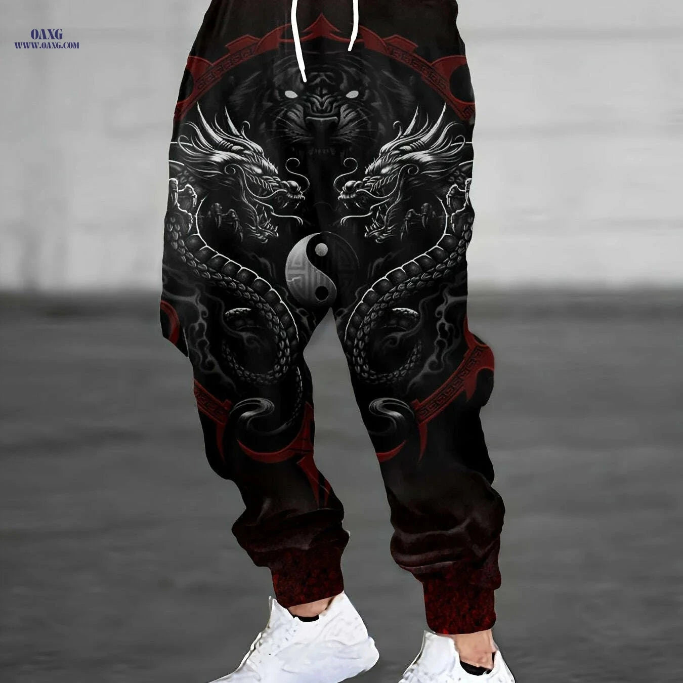 Men’s Casual Joggers - Unique Dragon & Yin-Yang Design, Loose Fit   OAXG Black / S