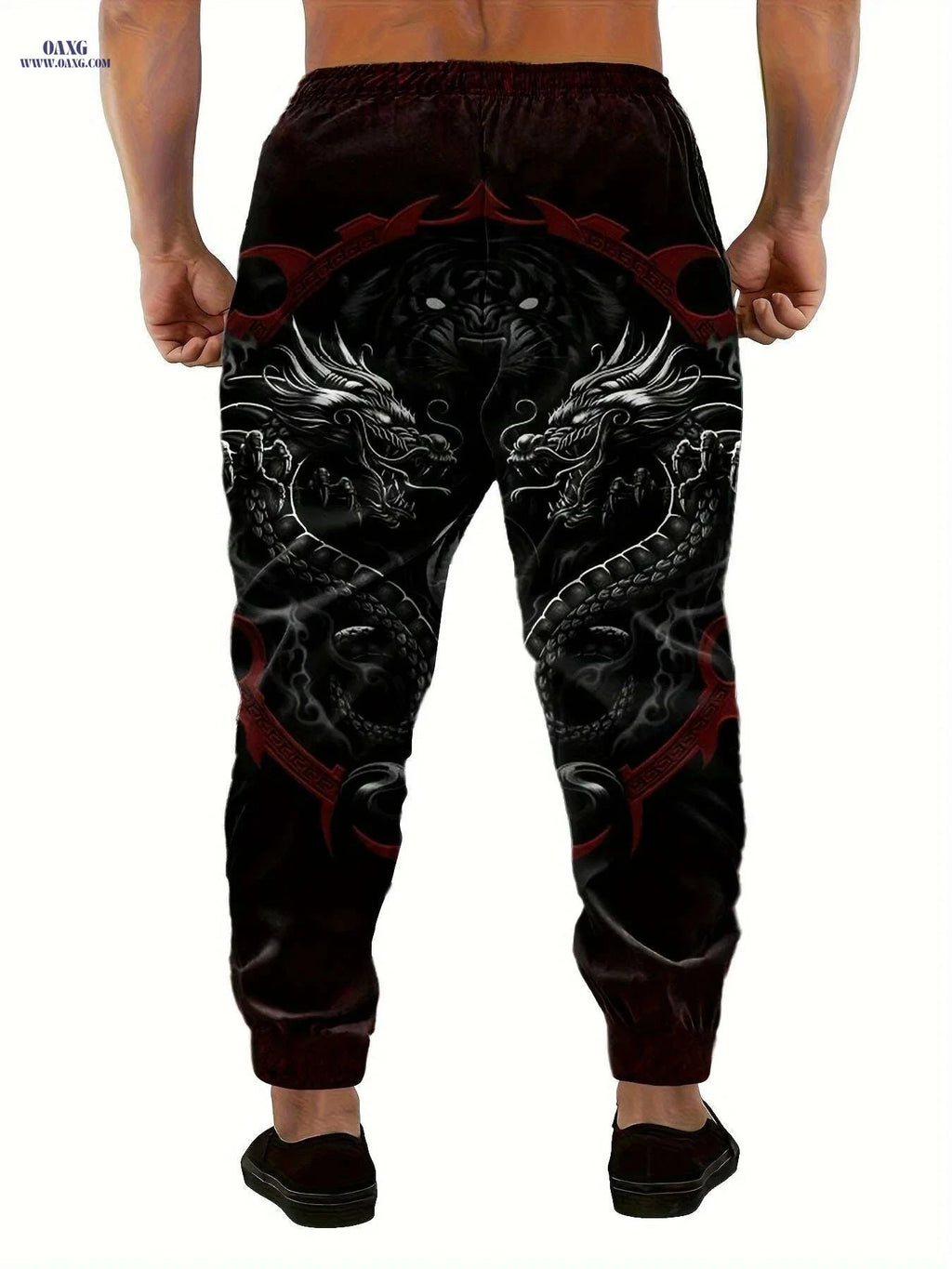 Men’s Casual Joggers - Unique Dragon & Yin-Yang Design, Loose Fit   OAXG Black / S