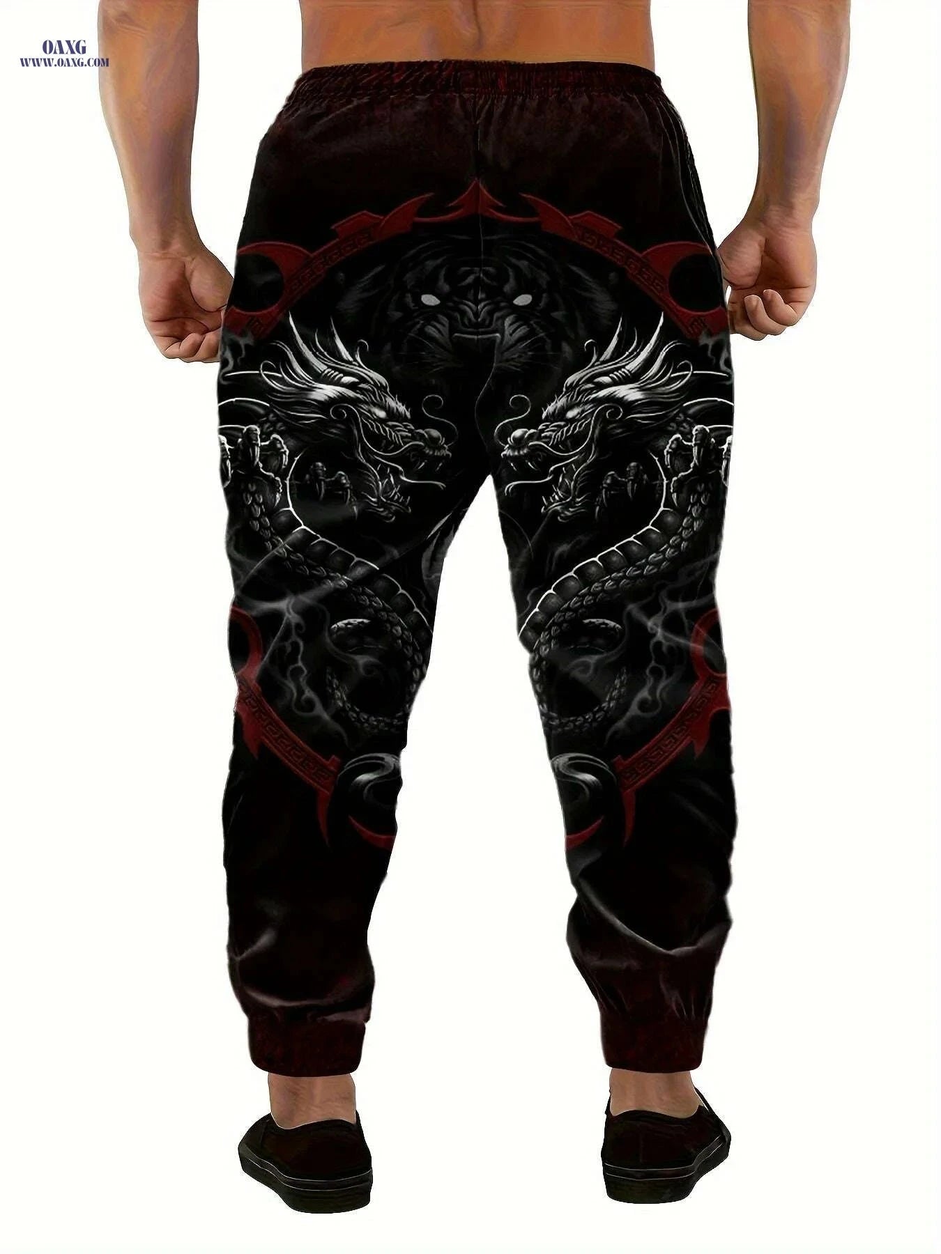 Men’s Casual Joggers - Unique Dragon & Yin-Yang Design, Loose Fit   OAXG Black / S