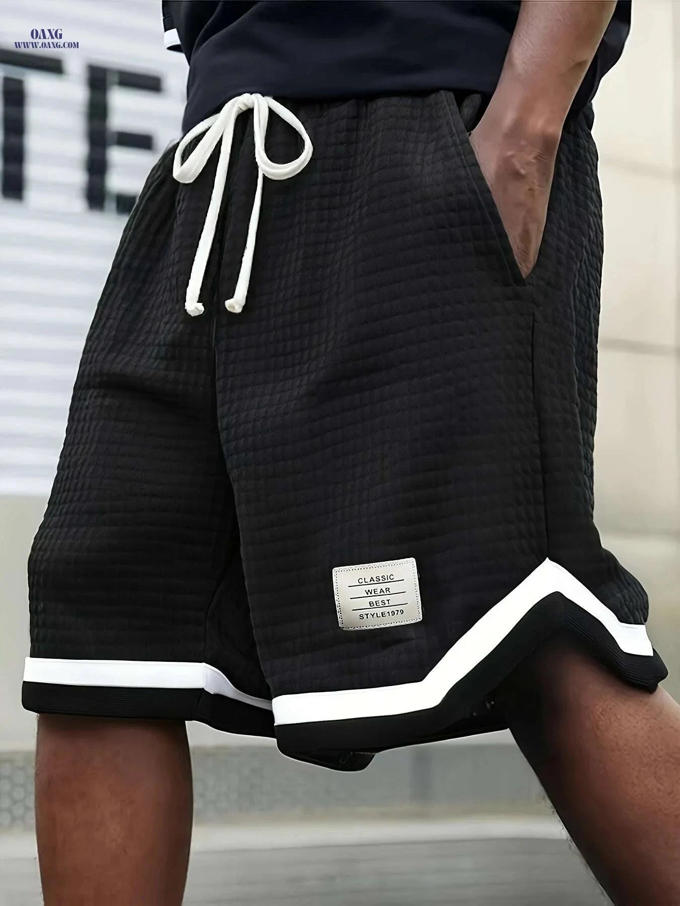 Men's Casual Knit Plaid Shorts - Breathable, Color Block Design   OAXG Black / XS