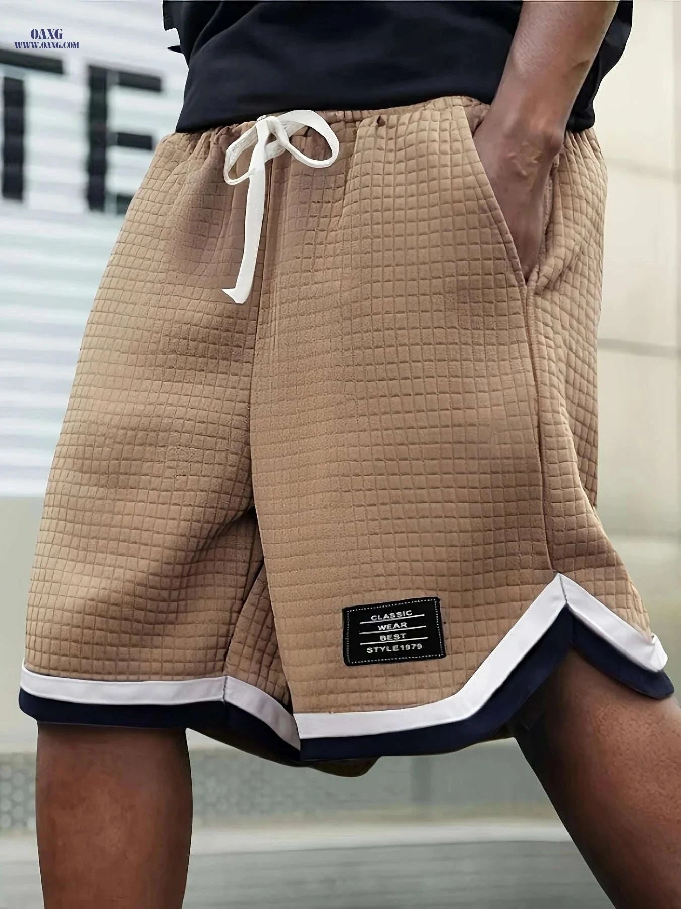 Men's Casual Knit Plaid Shorts - Breathable, Color Block Design   OAXG Black / XS