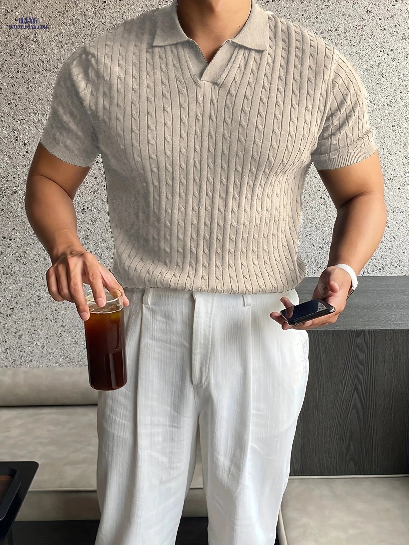 Men's Casual Knit Polo Shirt - Short Sleeve, Summer Twist Texture   OAXG 