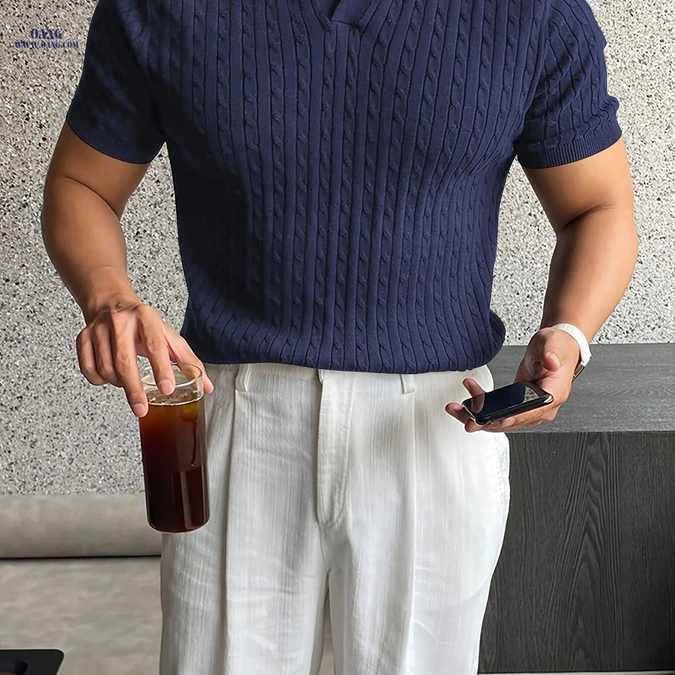 Men's Casual Knit Polo Shirt - Short Sleeve, Summer Twist Texture   OAXG 