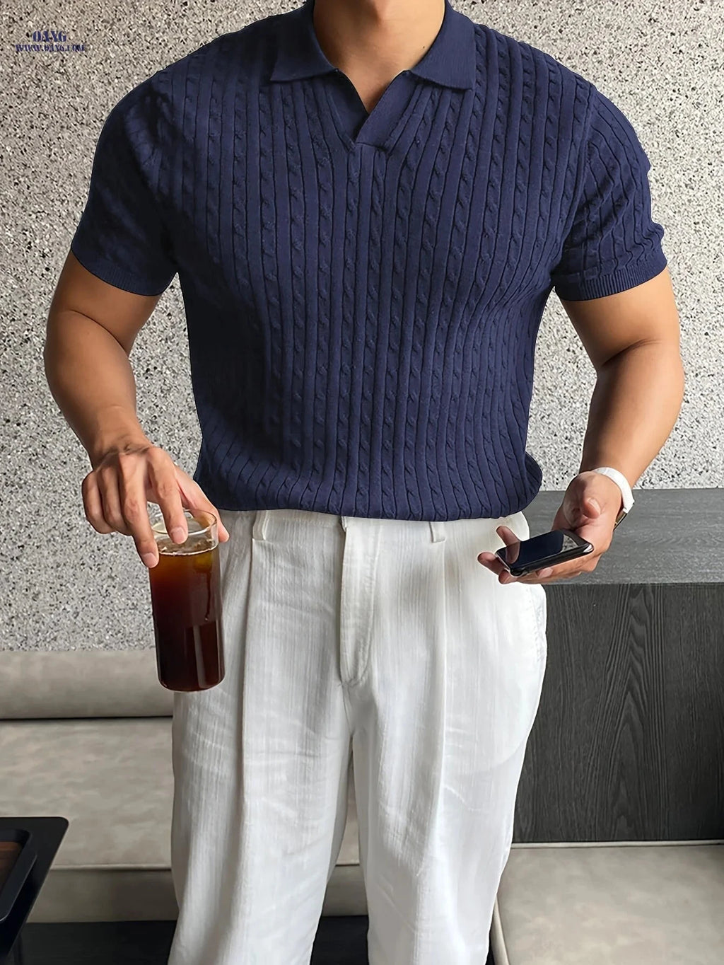 Men's Casual Knit Polo Shirt - Short Sleeve, Summer Twist Texture   OAXG 