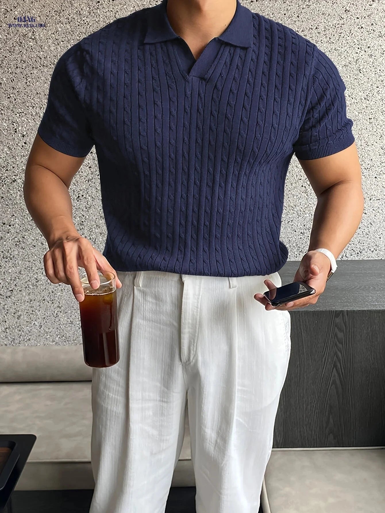 Men's Casual Knit Polo Shirt - Short Sleeve, Summer Twist Texture   OAXG 