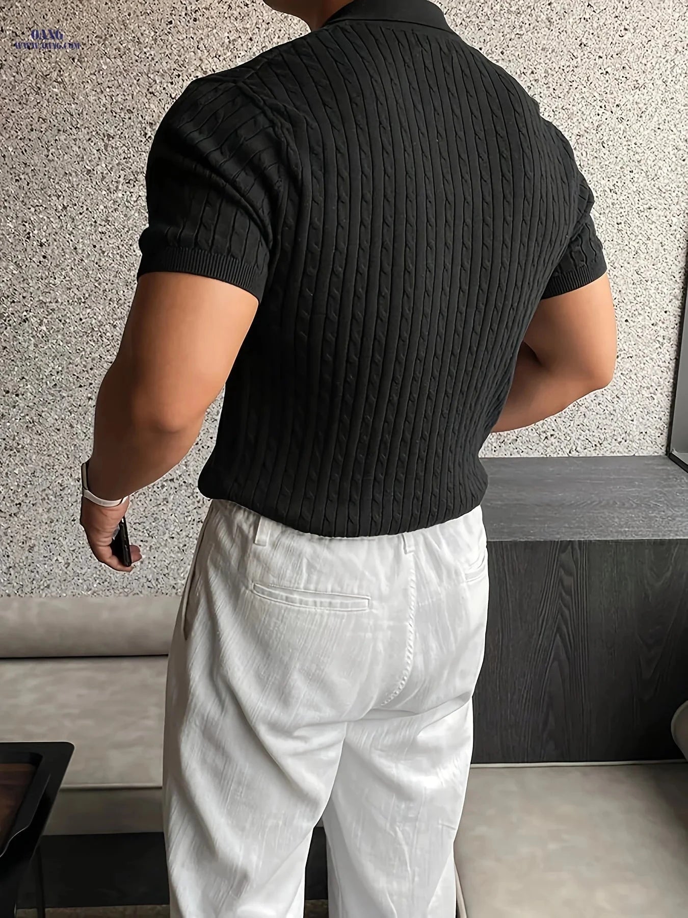 Men's Casual Knit Polo Shirt - Short Sleeve, Summer Twist Texture   OAXG 