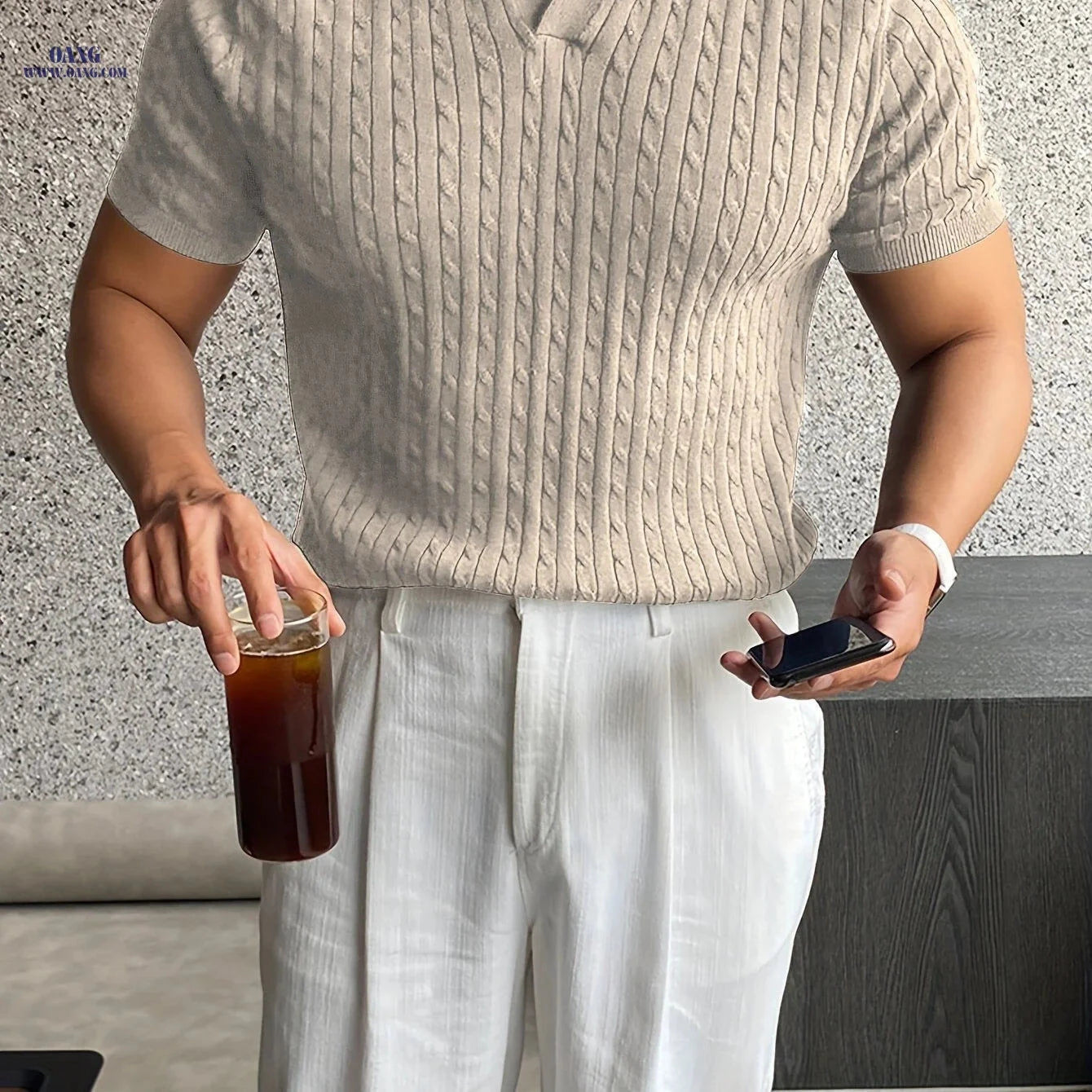 Men's Casual Knit Polo Shirt - Short Sleeve, Summer Twist Texture   OAXG 