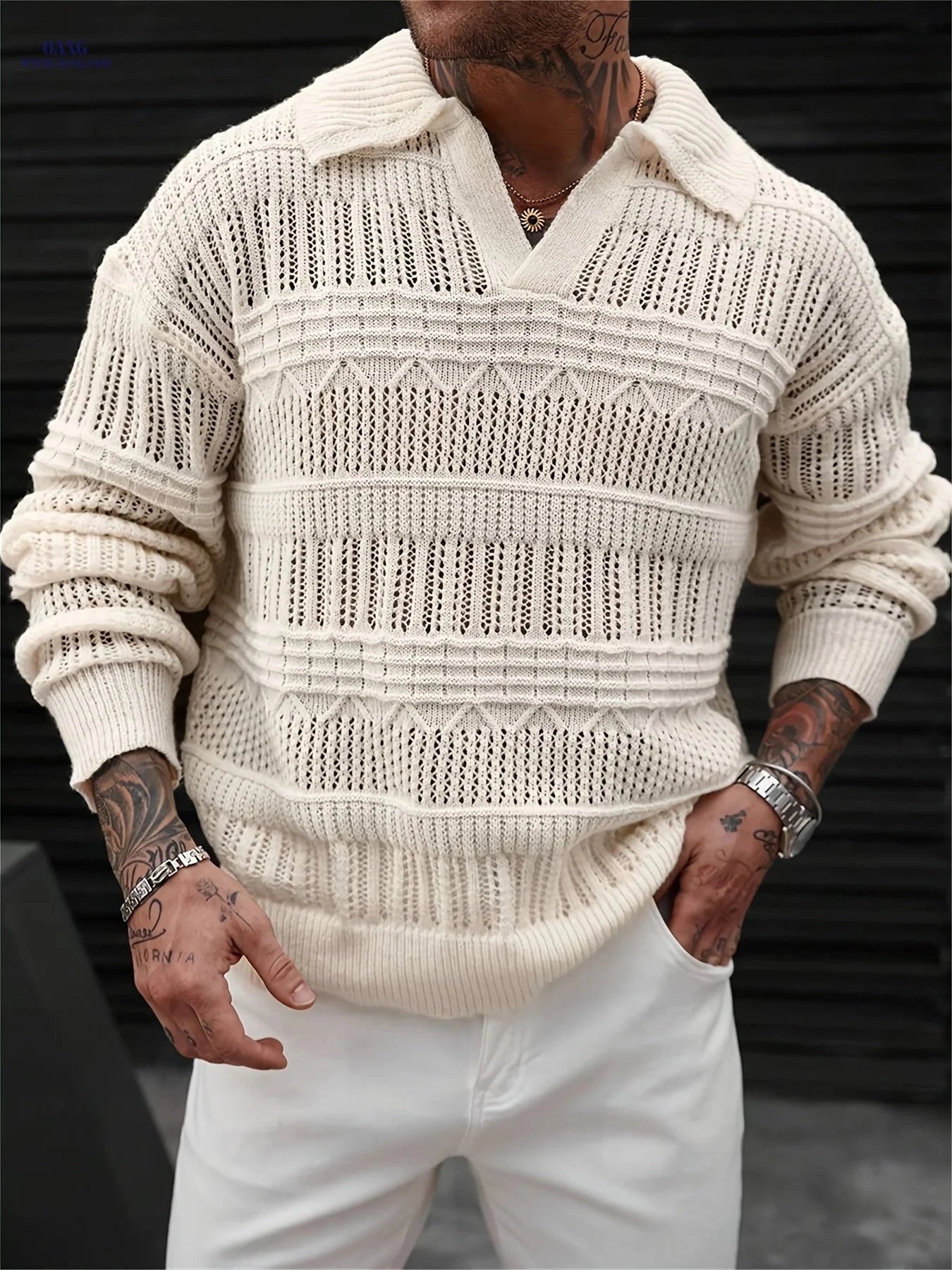 Men's Casual Knit Sweater - Polo Collar, Semi-Lattice Back Design   OAXG 