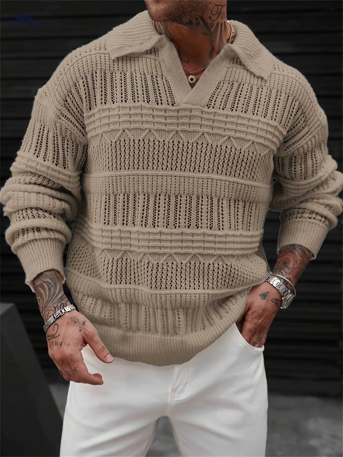 Men's Casual Knit Sweater - Polo Collar, Semi-Lattice Back Design   OAXG 