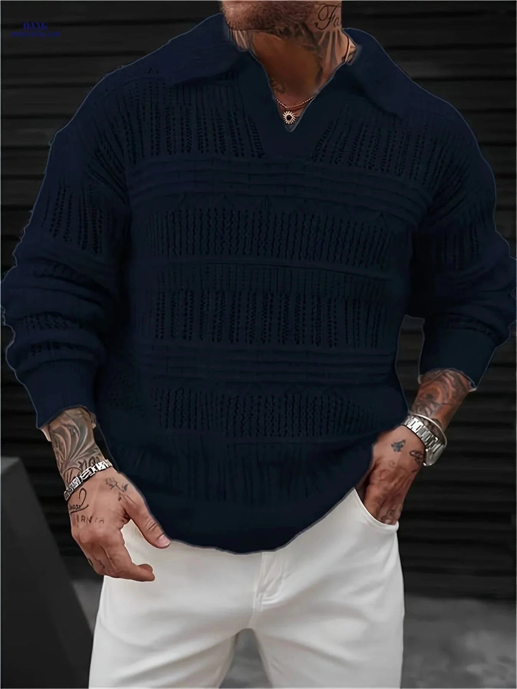 Men's Casual Knit Sweater - Polo Collar, Semi-Lattice Back Design   OAXG 