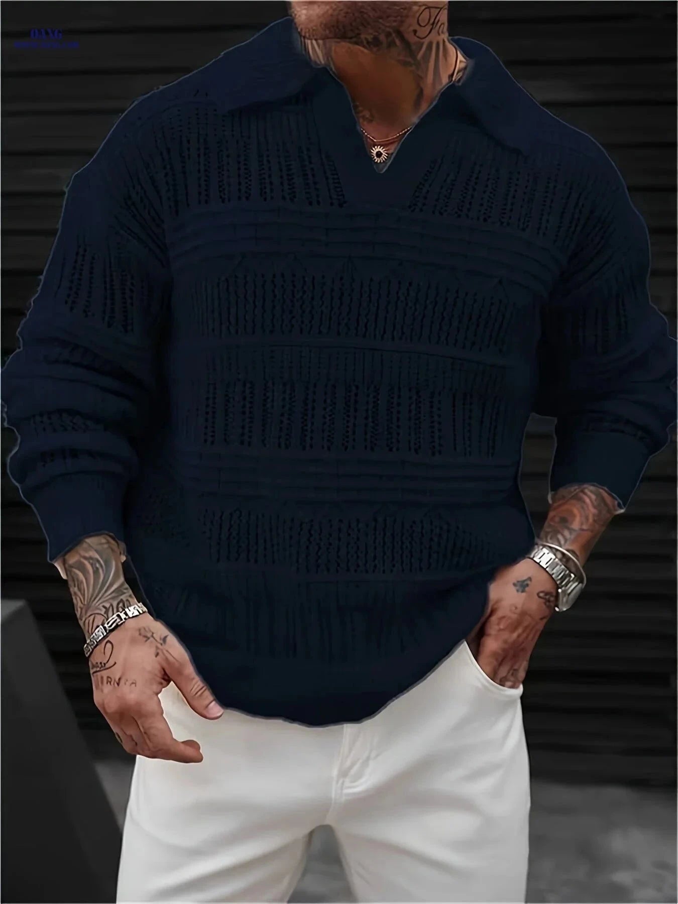 Men's Casual Knit Sweater - Polo Collar, Semi-Lattice Back Design   OAXG 