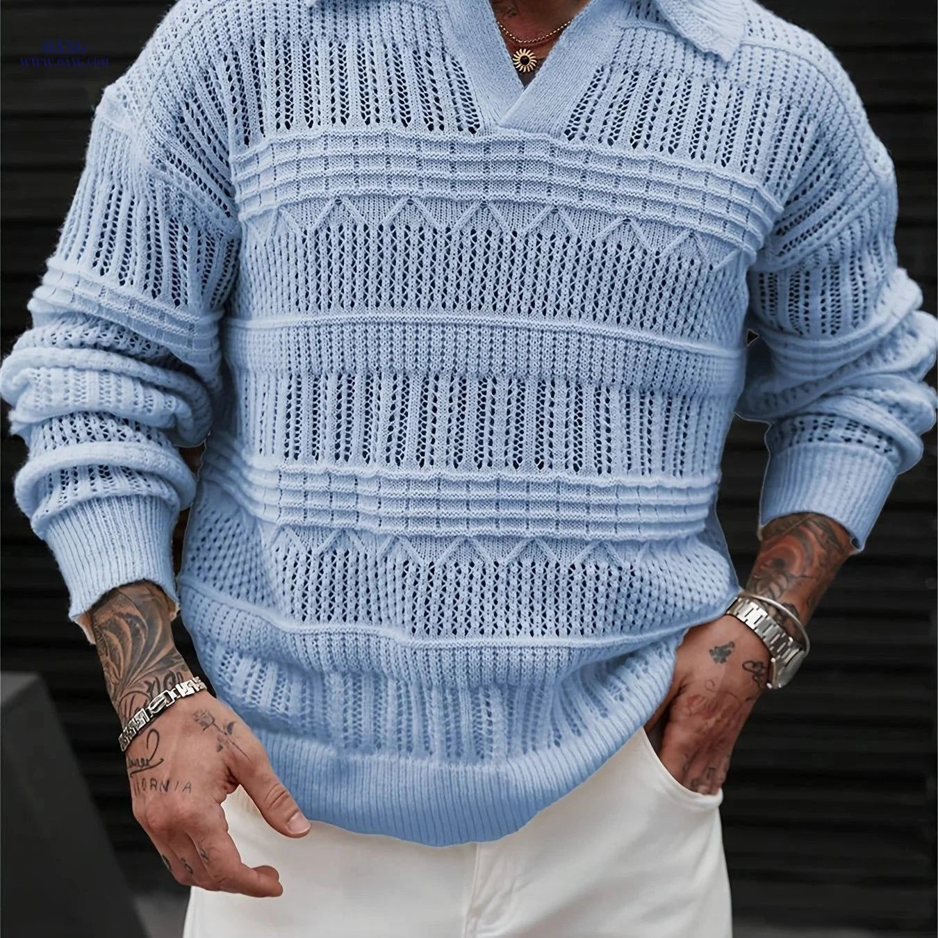 Men's Casual Knit Sweater - Polo Collar, Semi-Lattice Back Design   OAXG 