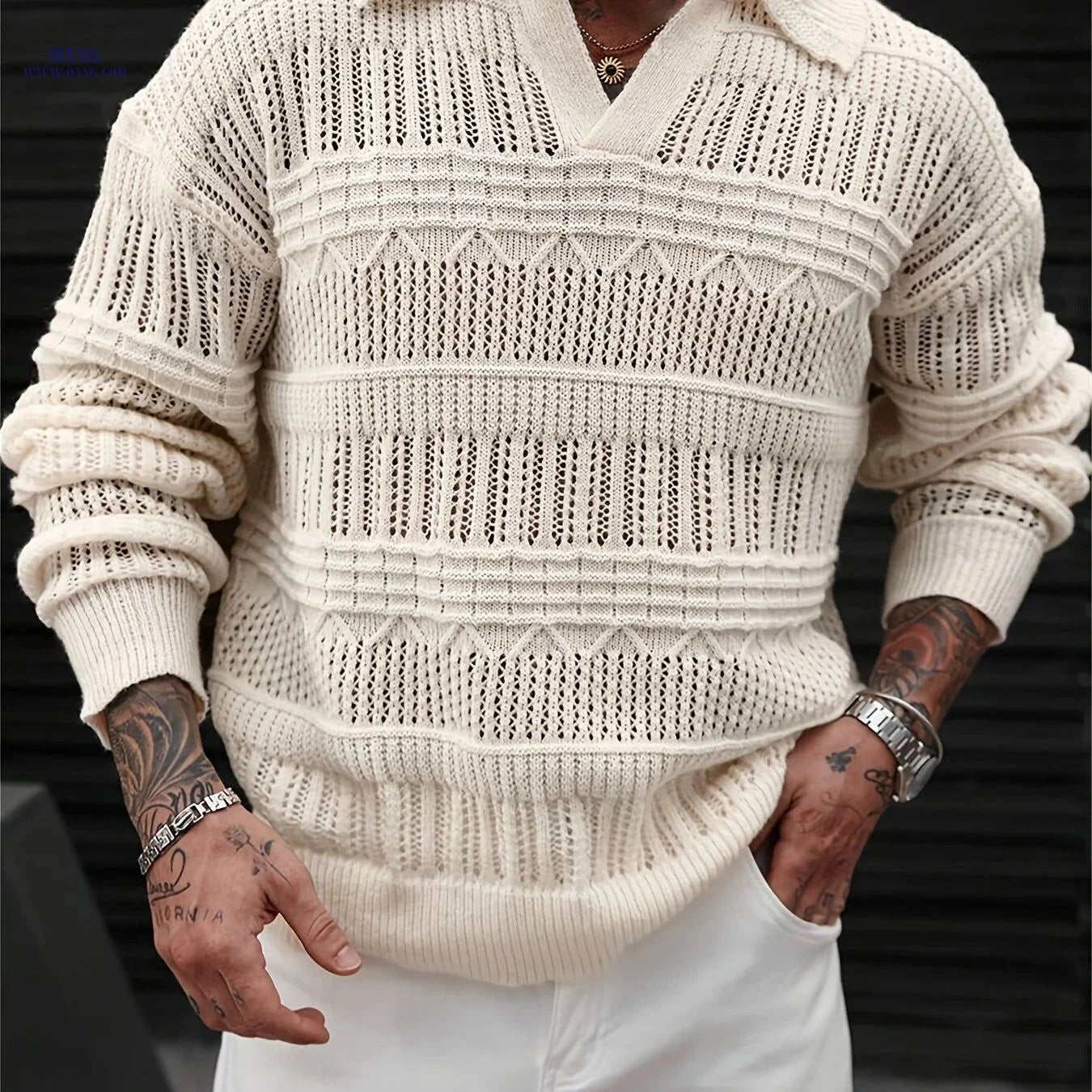 Men's Casual Knit Sweater - Polo Collar, Semi-Lattice Back Design   OAXG 
