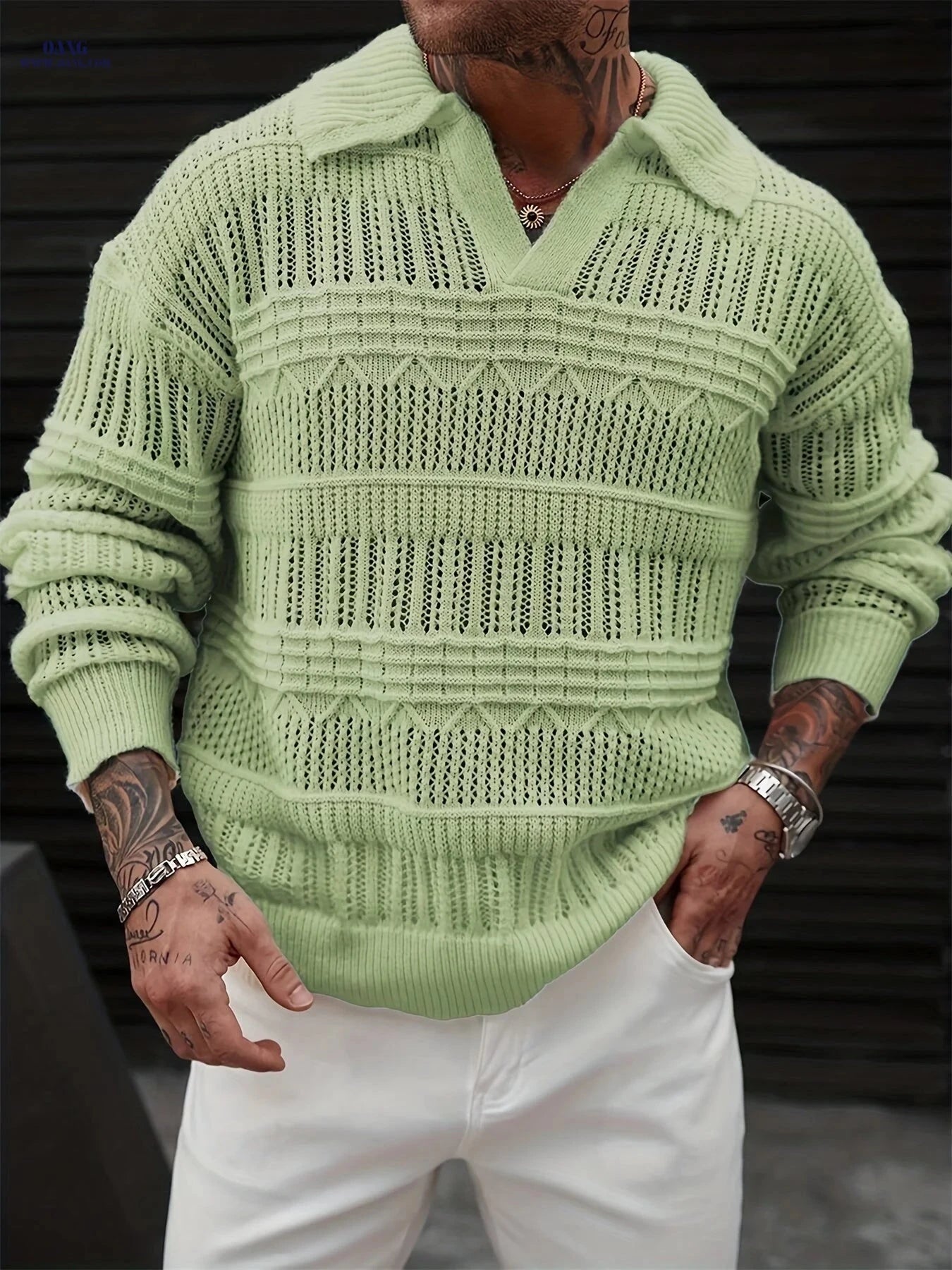 Men's Casual Knit Sweater - Polo Collar, Semi-Lattice Back Design   OAXG 