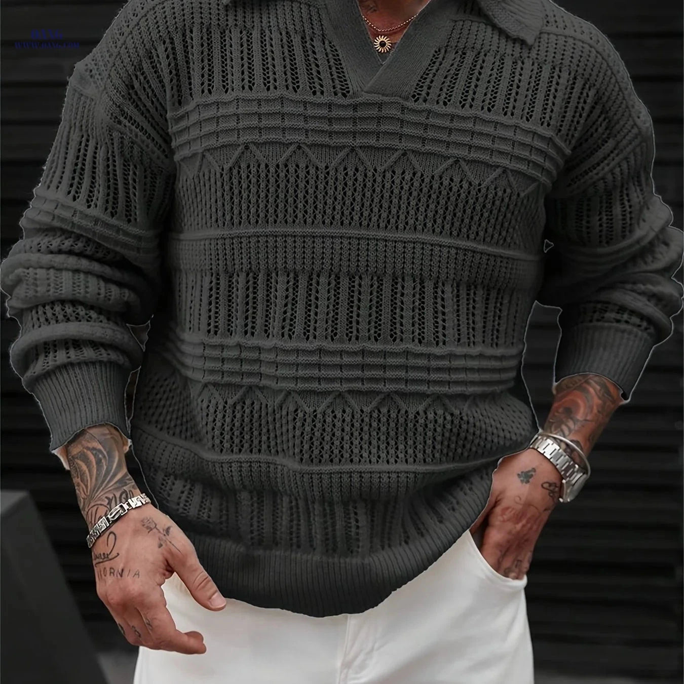 Men's Casual Knit Sweater - Polo Collar, Semi-Lattice Back Design   OAXG 