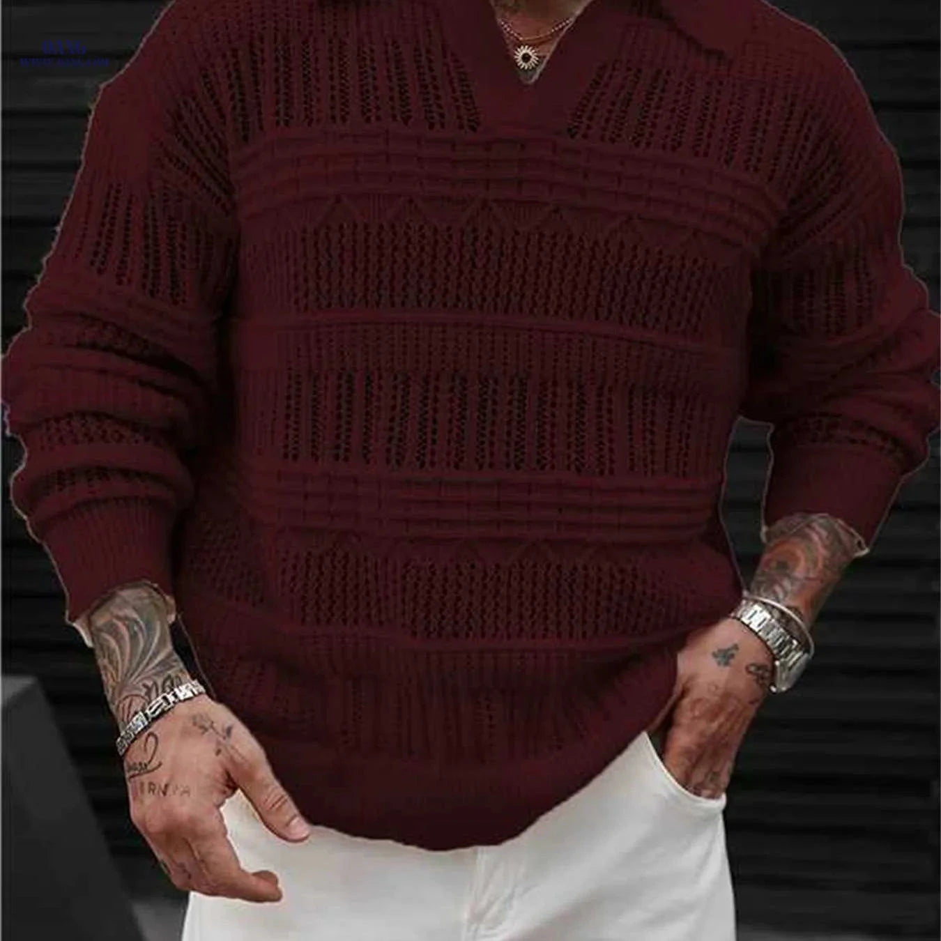 Men's Casual Knit Sweater - Polo Collar, Semi-Lattice Back Design   OAXG Apricot / FR S