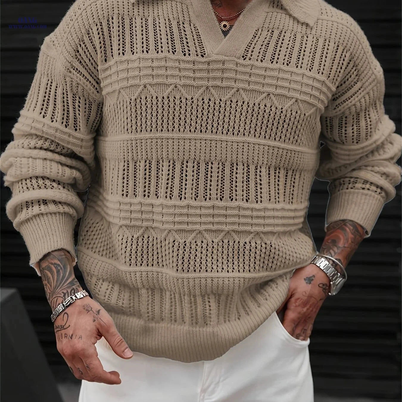 Men's Casual Knit Sweater - Polo Collar, Semi-Lattice Back Design   OAXG Apricot / FR S