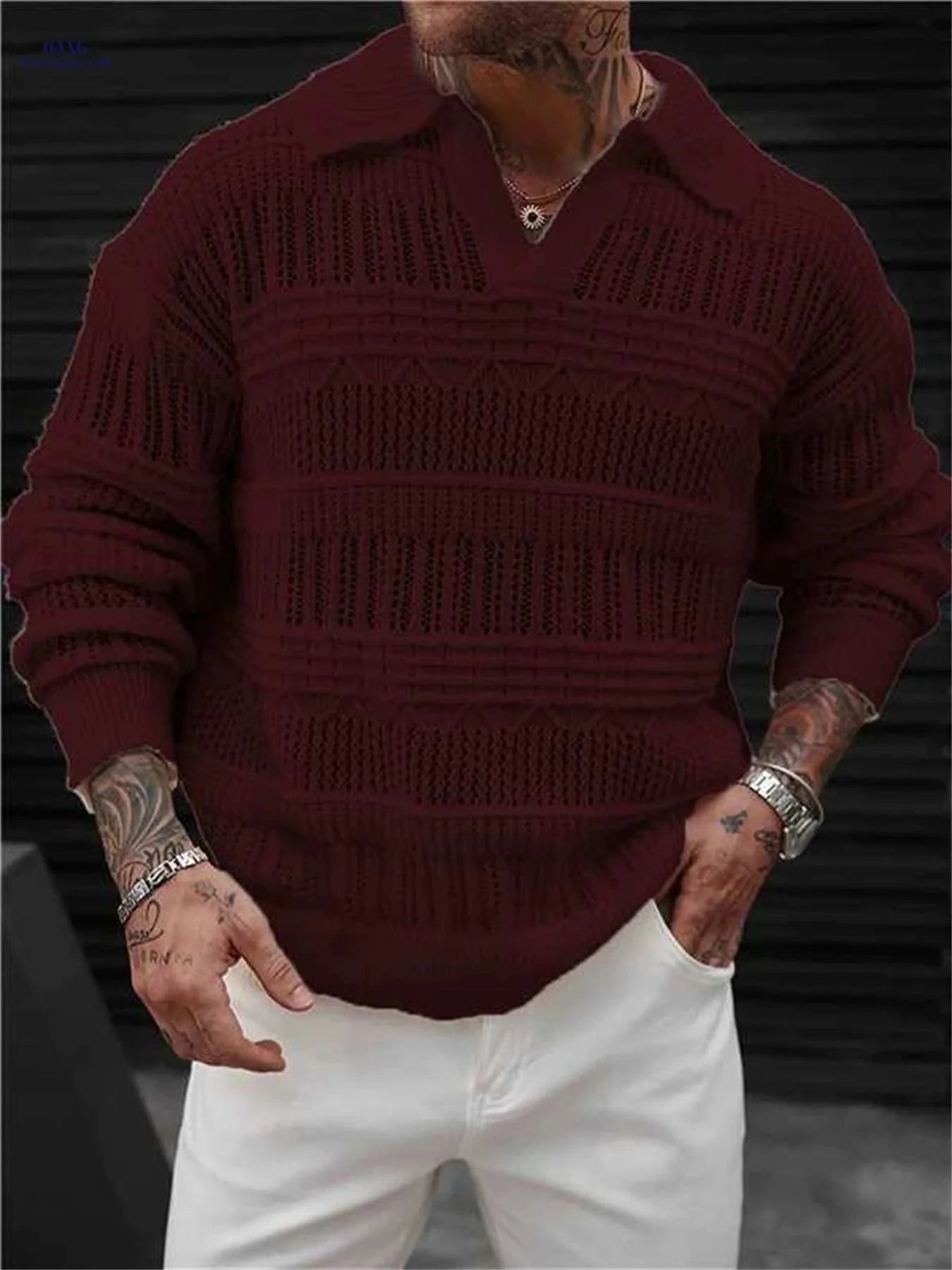 Men's Casual Knit Sweater - Polo Collar, Semi-Lattice Back Design   OAXG Apricot / FR S