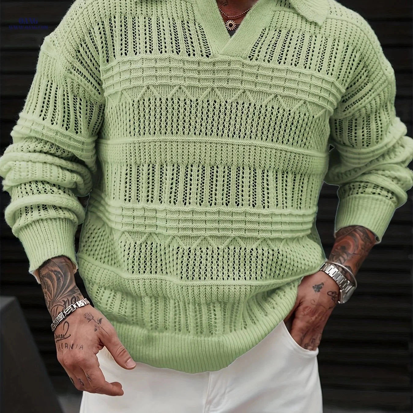 Men's Casual Knit Sweater - Polo Collar, Semi-Lattice Back Design   OAXG 