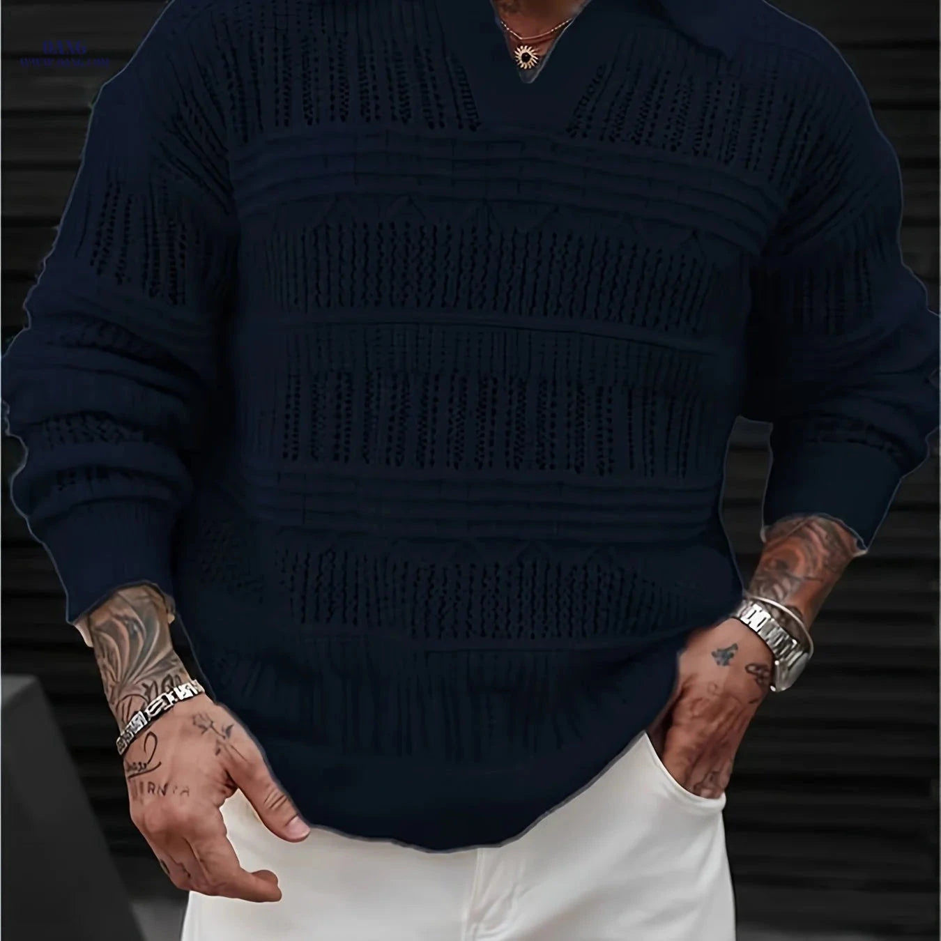 Men's Casual Knit Sweater - Polo Collar, Semi-Lattice Back Design   OAXG 