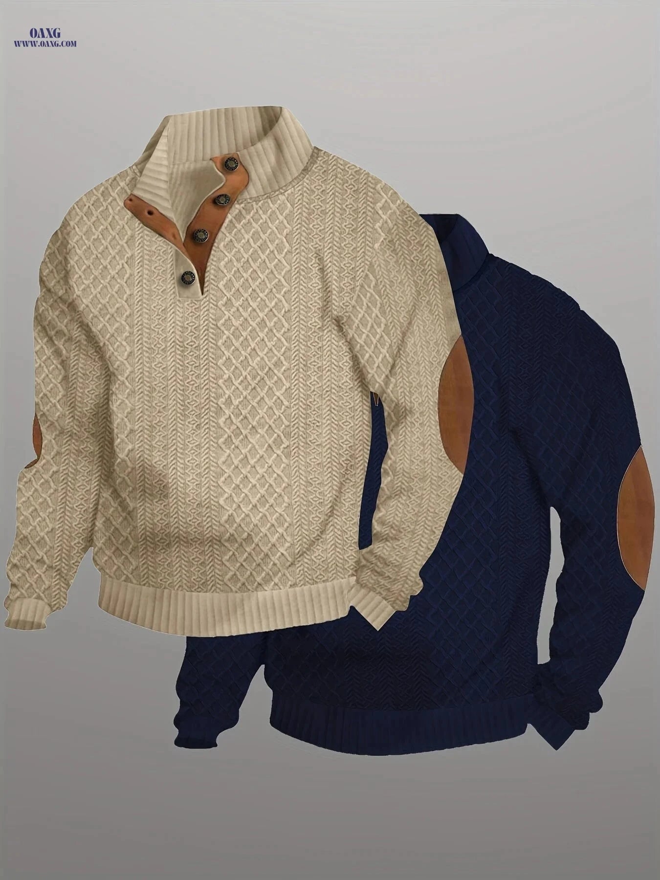 Men's Casual Knit Sweater with Button Detail - Spring/Fall Style   OAXG khaki + light blue / FR S