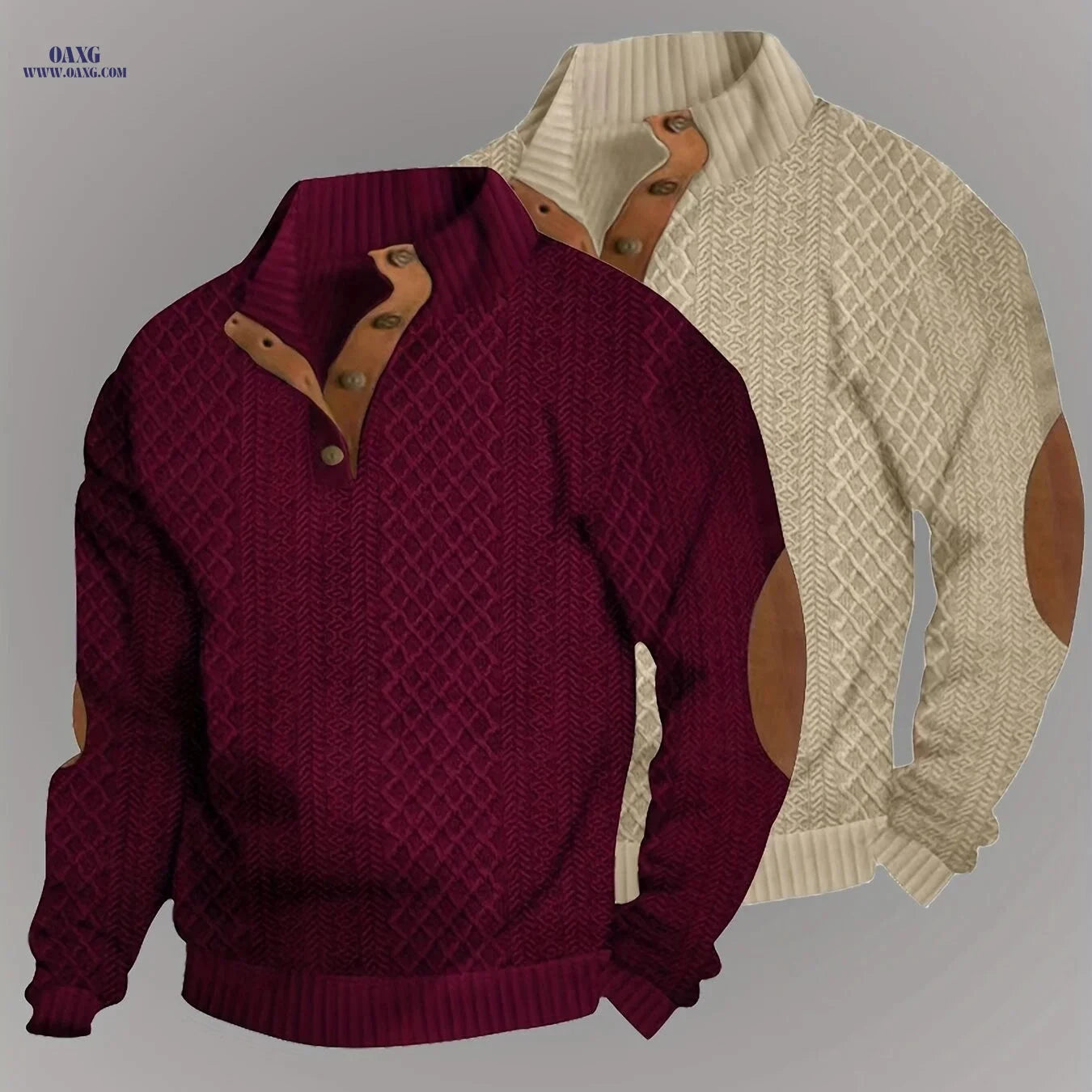 Men's Casual Knit Sweater with Button Detail - Spring/Fall Style   OAXG khaki + light blue / FR S