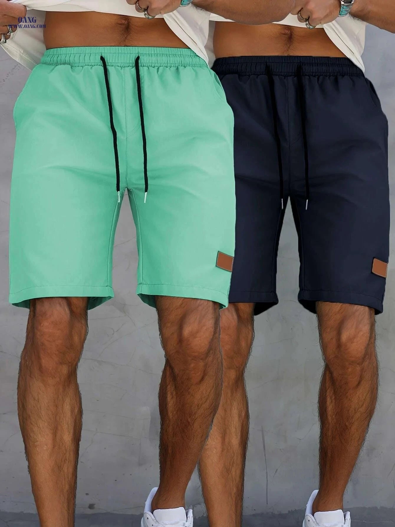 Men's Casual Lace-Up Golf Shorts - Breathable Solid Color 2pcs   OAXG navy blue and created-ruby green / S