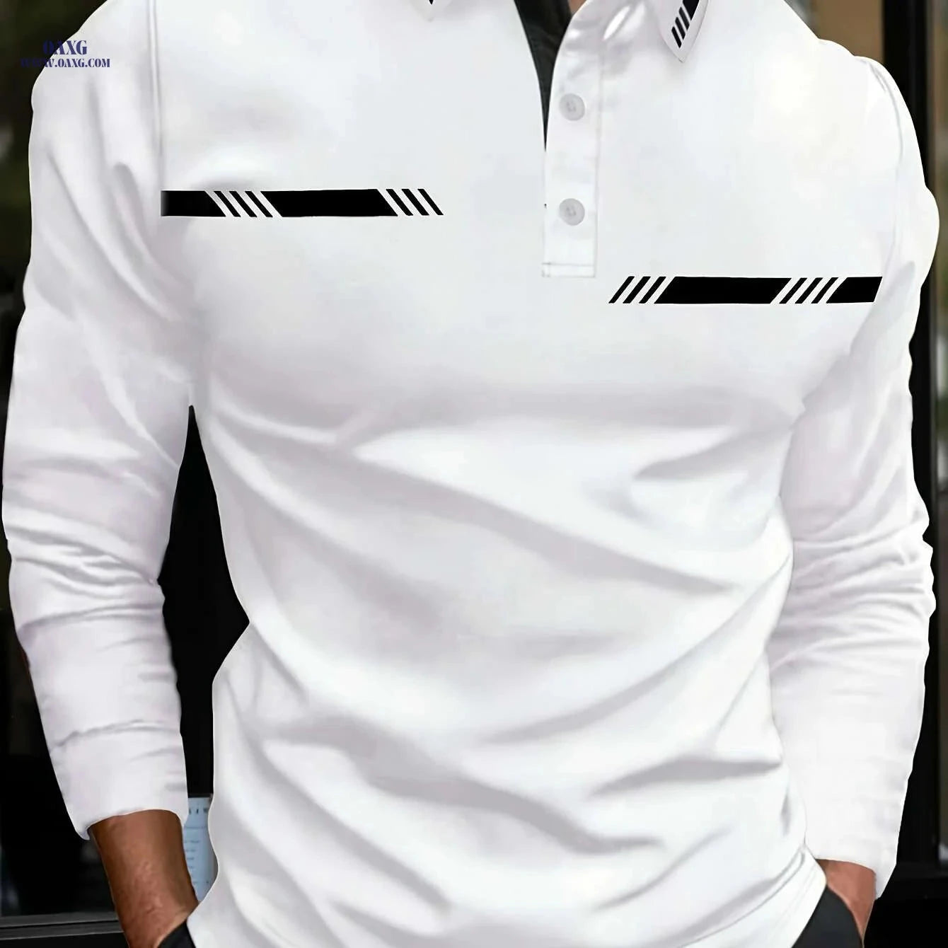 Men’s Casual Lapel Collar Polo Shirt - 100% Polyester, Print Design   OAXG White / M