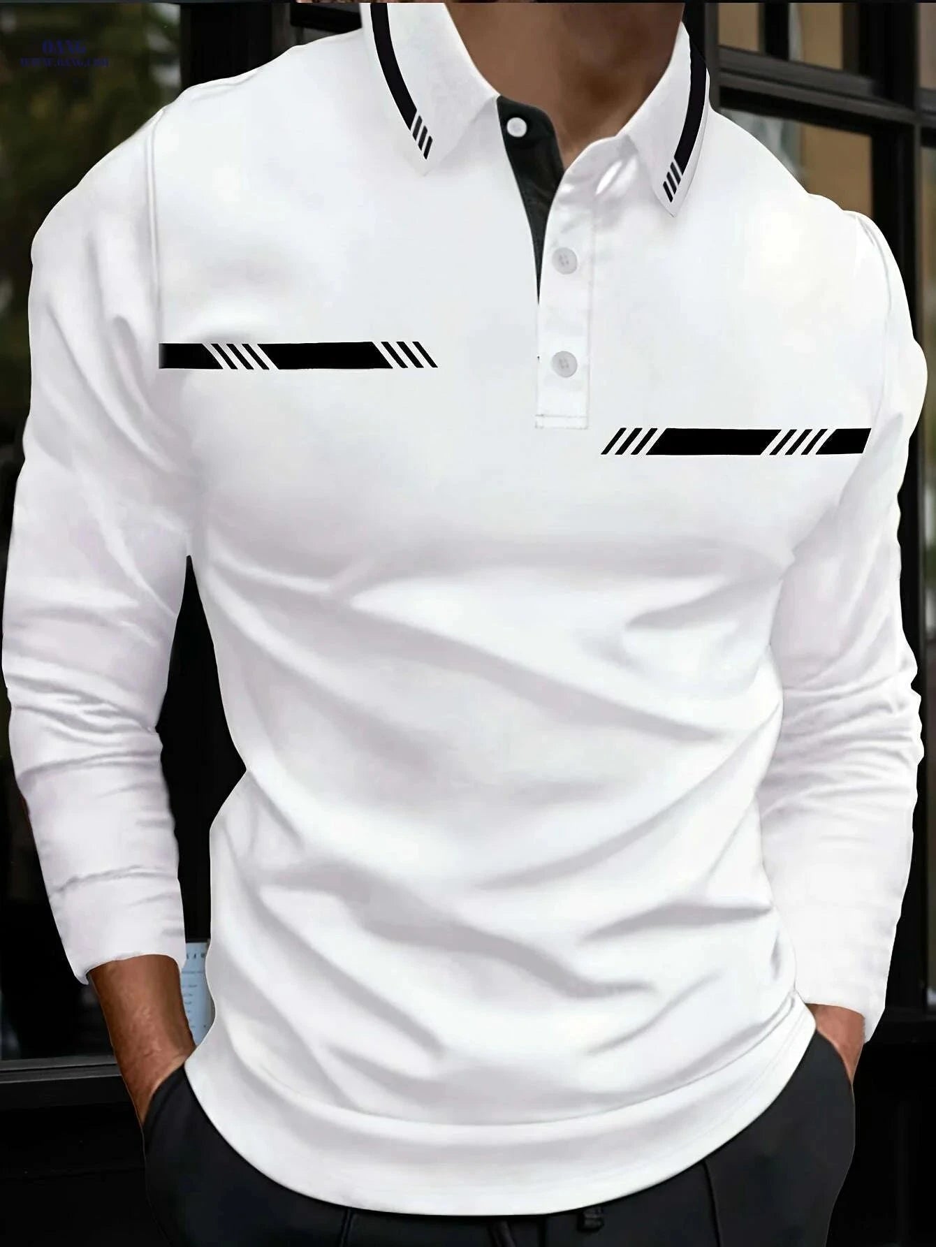 Men’s Casual Lapel Collar Polo Shirt - 100% Polyester, Print Design   OAXG White / M