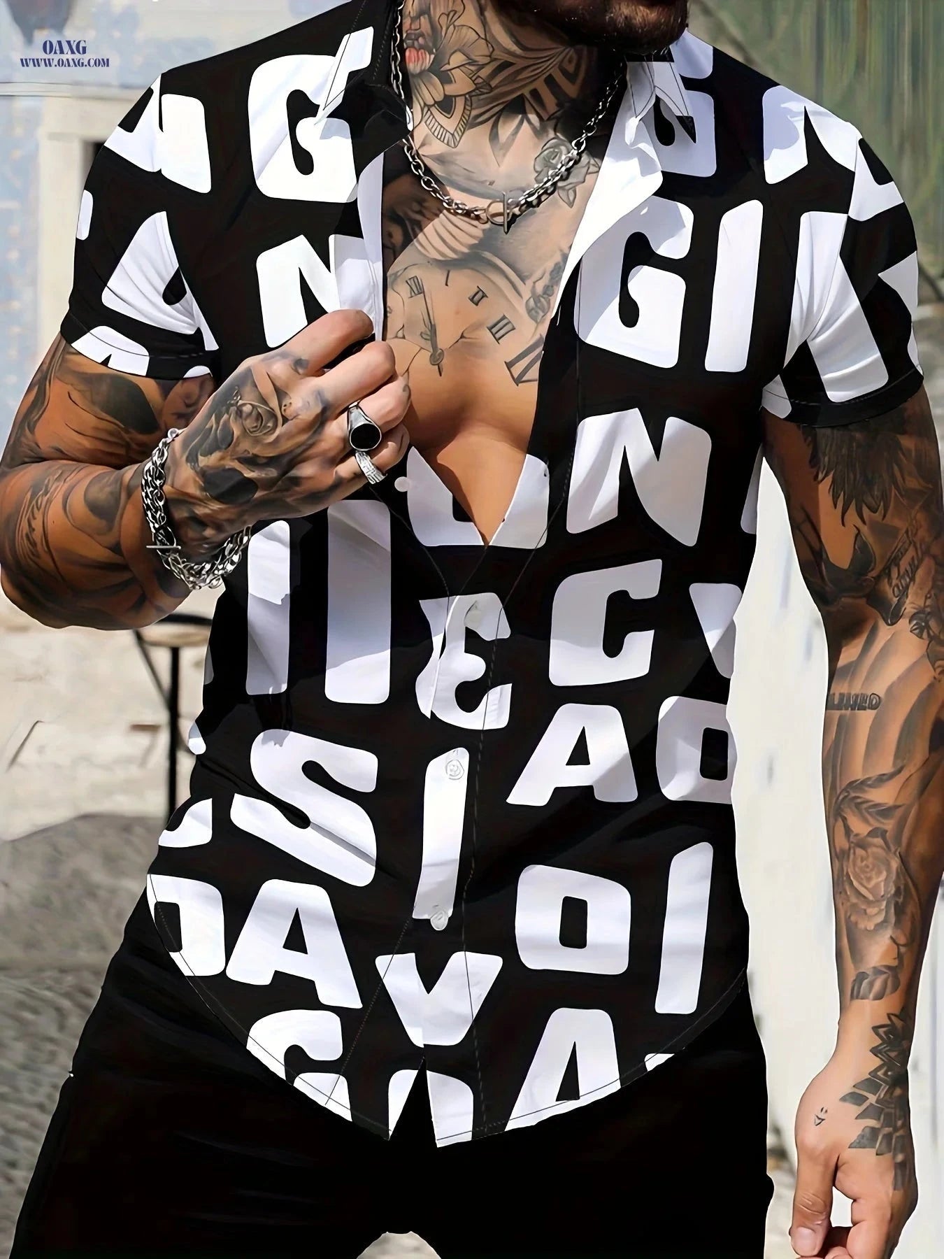 Men's Casual Letter Print Short Sleeve Shirt - Summer Style Button-Up   OAXG 