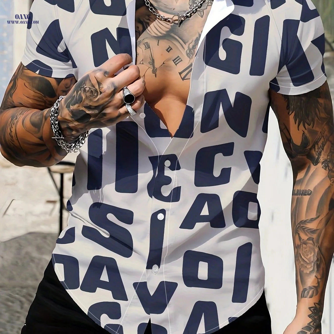 Men's Casual Letter Print Short Sleeve Shirt - Summer Style Button-Up   OAXG Black / FR S