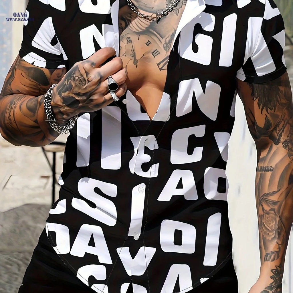 Men's Casual Letter Print Short Sleeve Shirt - Summer Style Button-Up   OAXG 