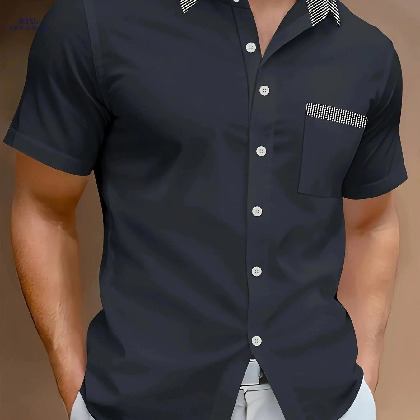 Men's Casual Light Business Shirt - Color Block, Short Sleeve Style   OAXG 