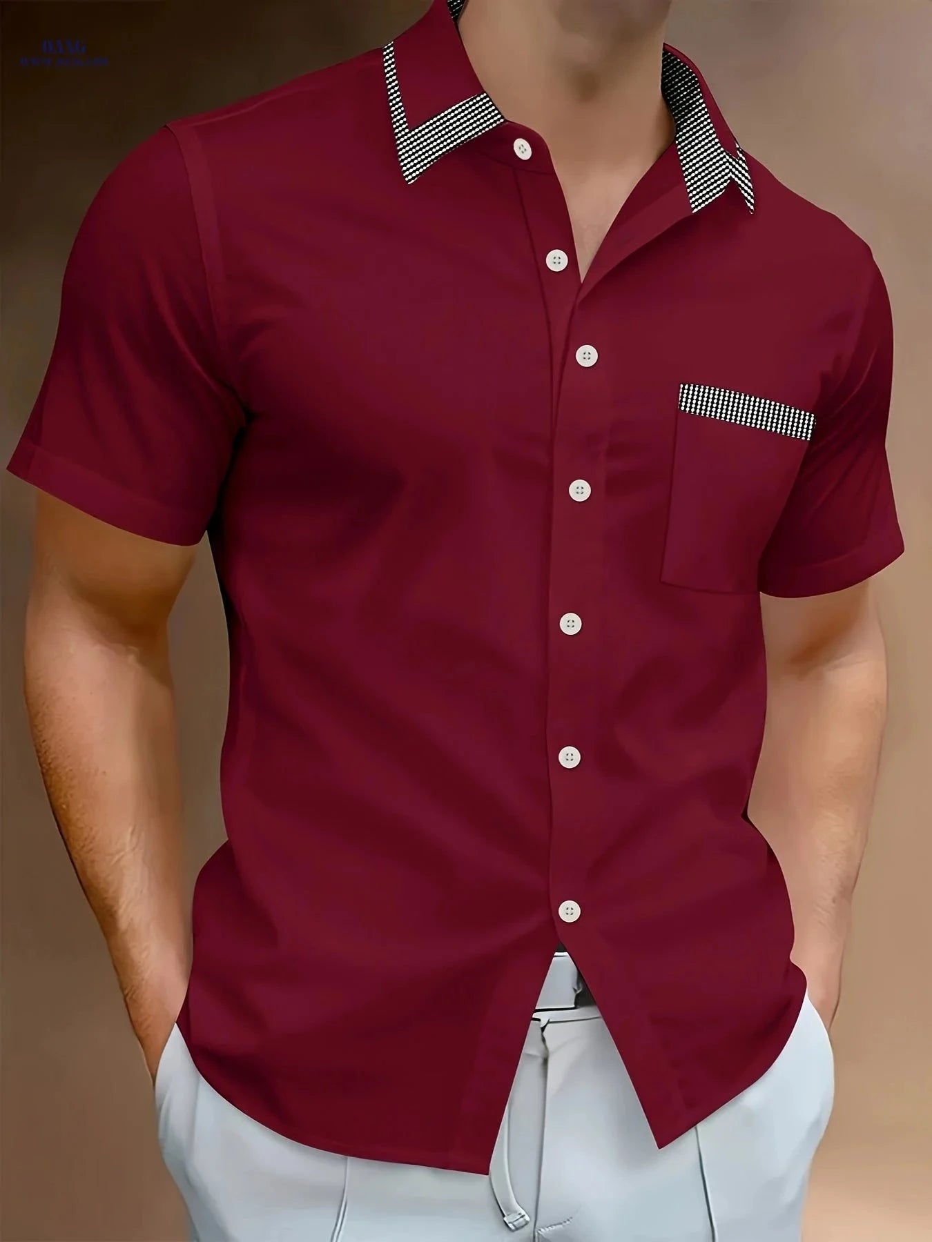 Men's Casual Light Business Shirt - Color Block, Short Sleeve Style   OAXG Army Green / FR S