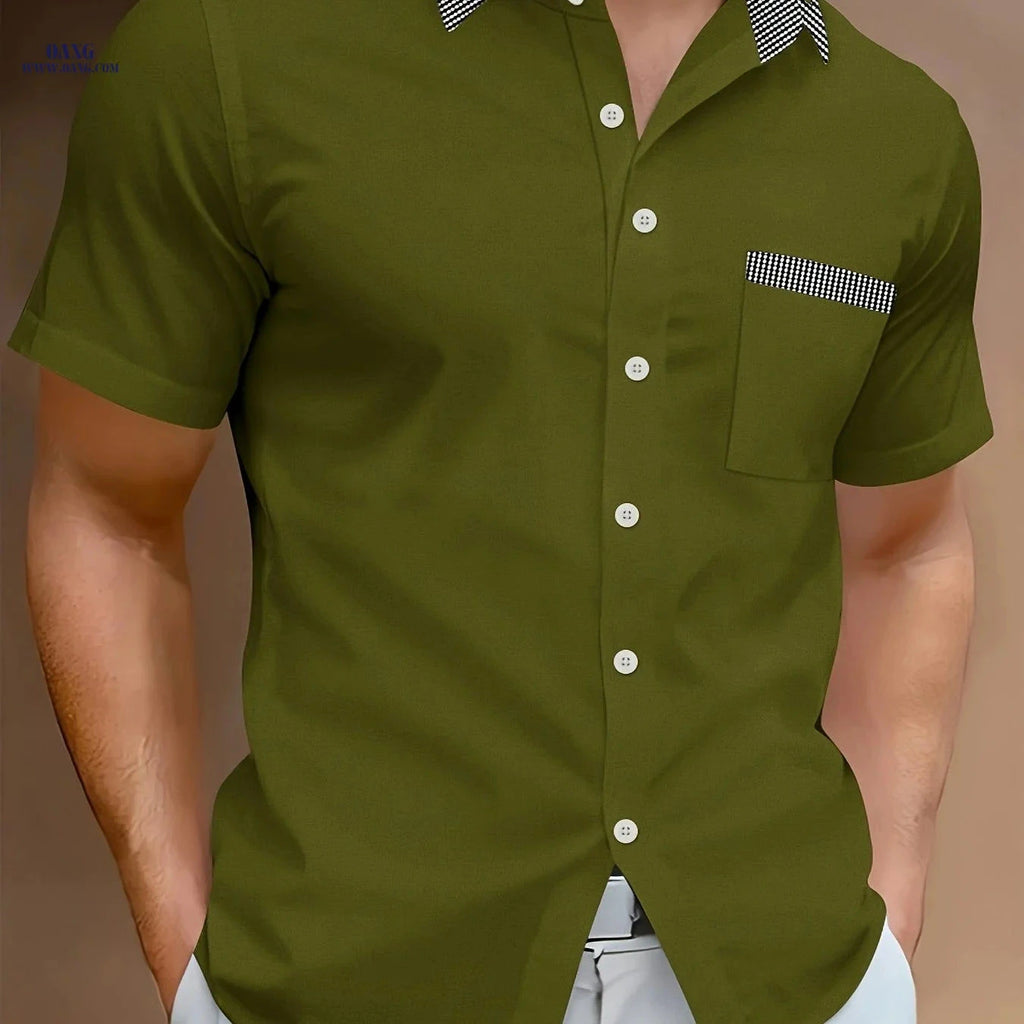 Men's Casual Light Business Shirt - Color Block, Short Sleeve Style   OAXG 