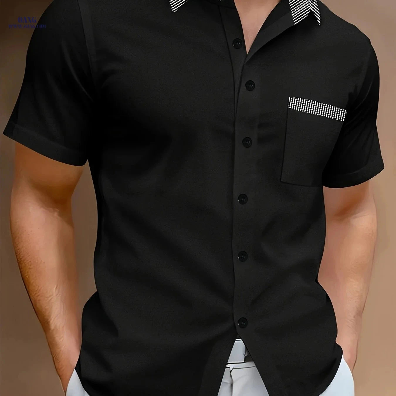 Men's Casual Light Business Shirt - Color Block, Short Sleeve Style   OAXG 