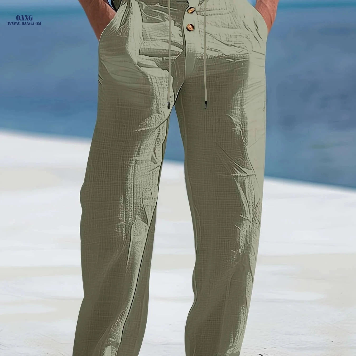 Men's Casual Linen Beach Pants - Breathable High-Waist Style Trousers   OAXG 