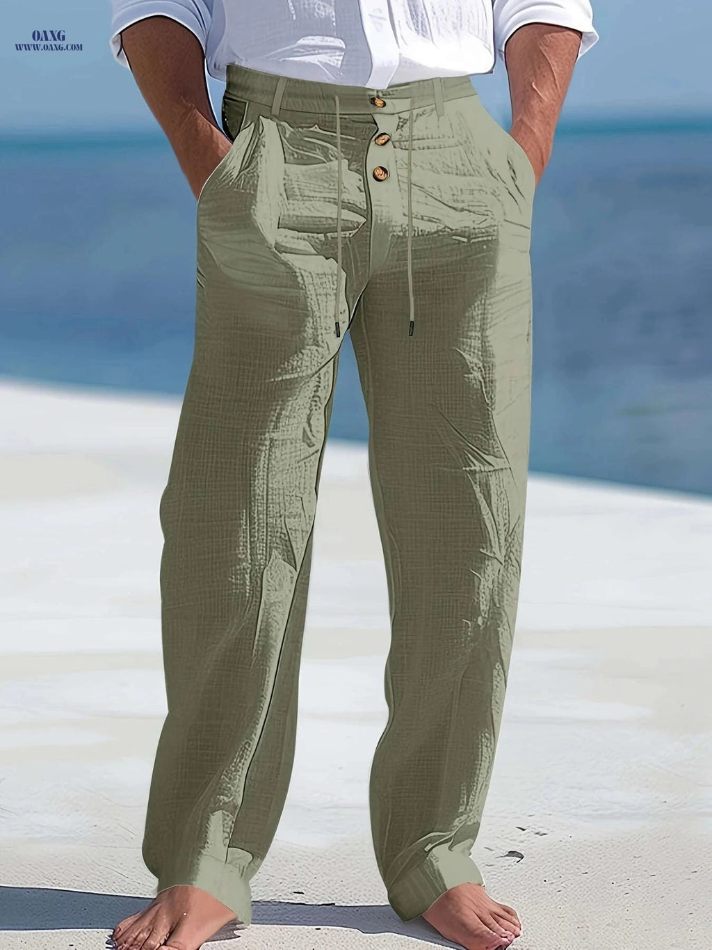 Men's Casual Linen Beach Pants - Breathable High-Waist Style Trousers   OAXG 