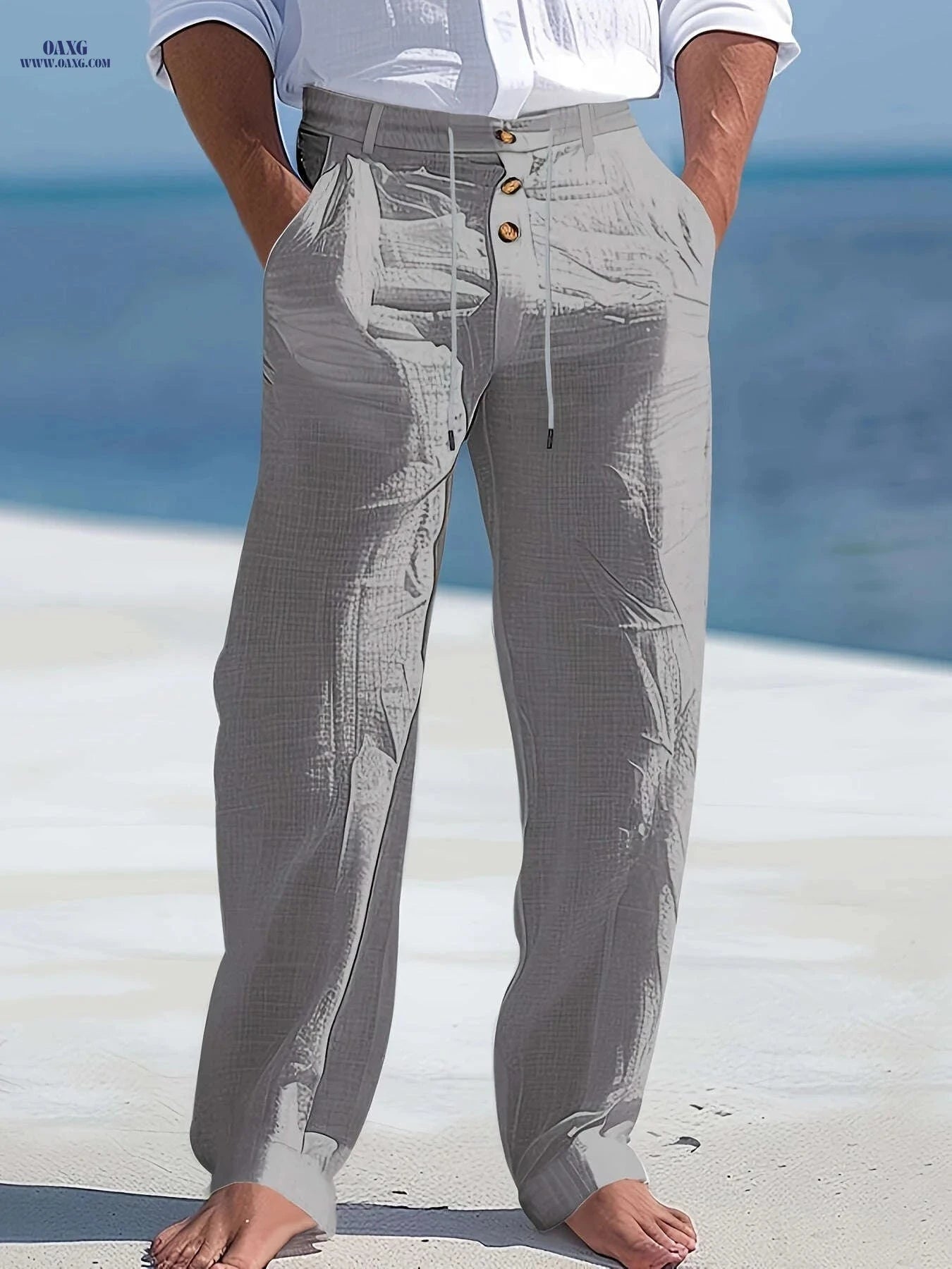 Men's Casual Linen Beach Pants - Breathable High-Waist Style Trousers   OAXG 
