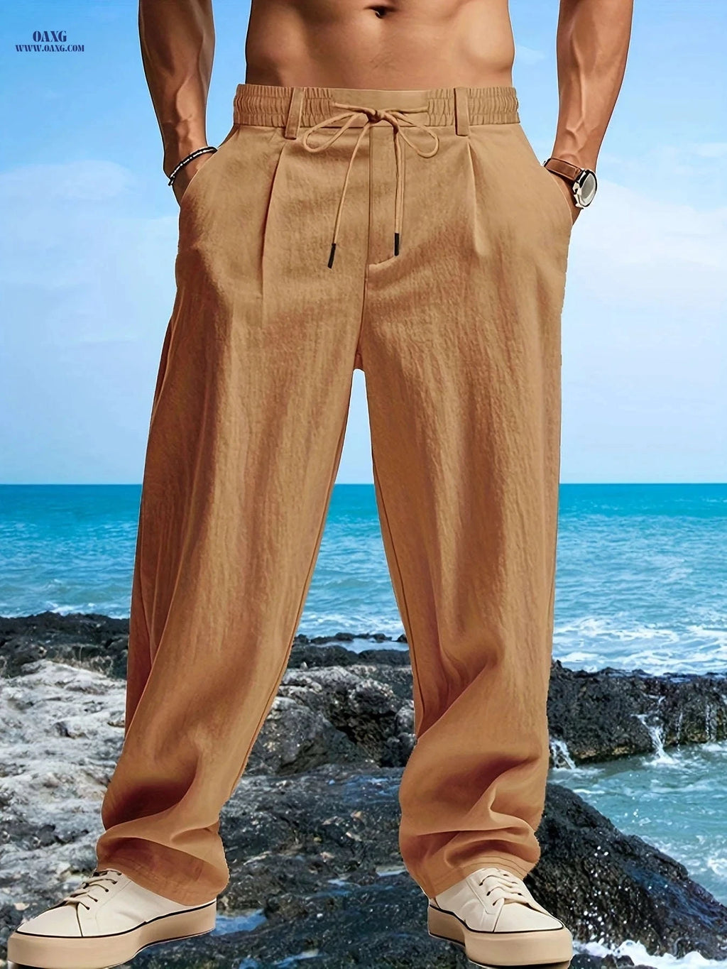 Men's Casual Linen Beach Pants - Breathable, Loose Fit, Drawstring   OAXG 