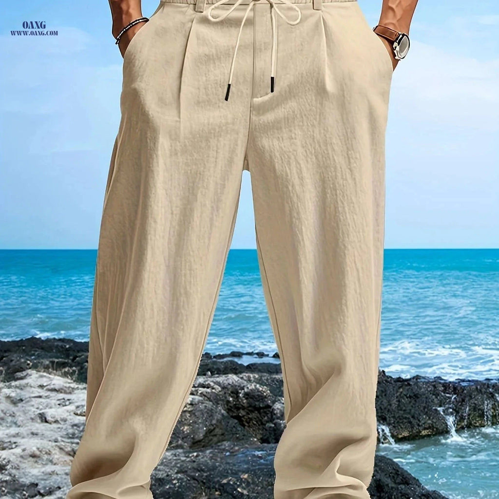 Men's Casual Linen Beach Pants - Breathable, Loose Fit, Drawstring   OAXG 