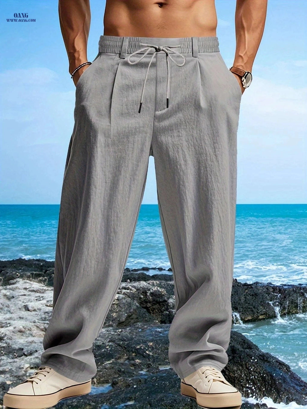 Men's Casual Linen Beach Pants - Breathable, Loose Fit, Drawstring   OAXG 