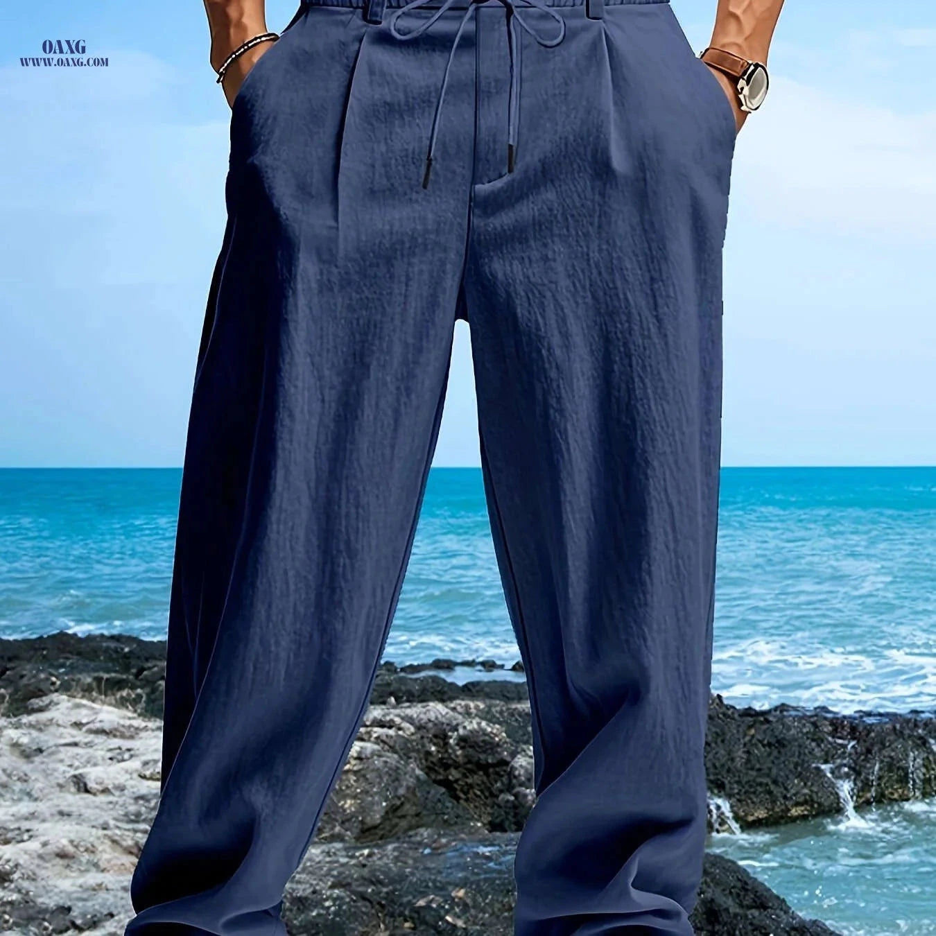 Men's Casual Linen Beach Pants - Breathable, Loose Fit, Drawstring   OAXG 