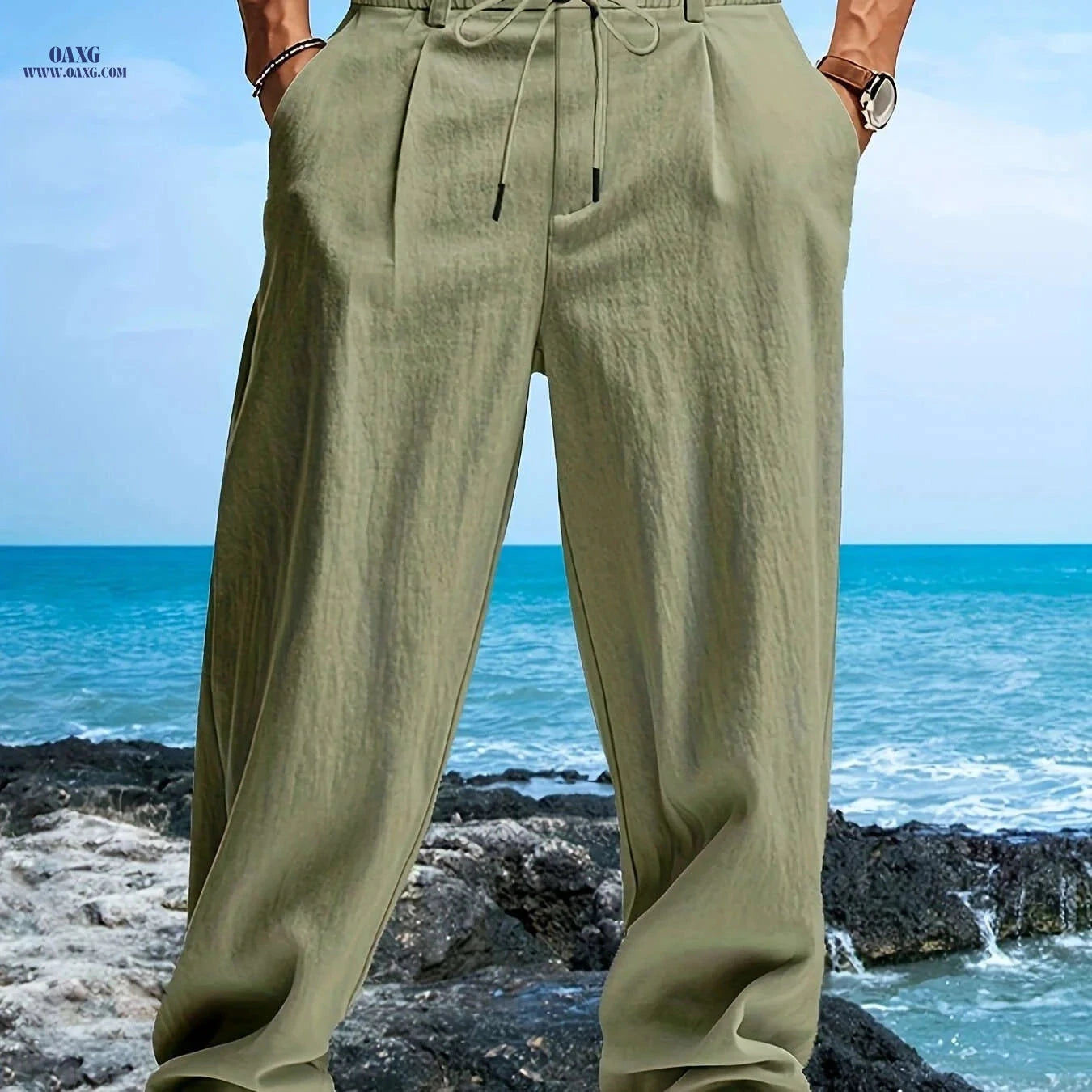 Men's Casual Linen Beach Pants - Breathable, Loose Fit, Drawstring   OAXG 