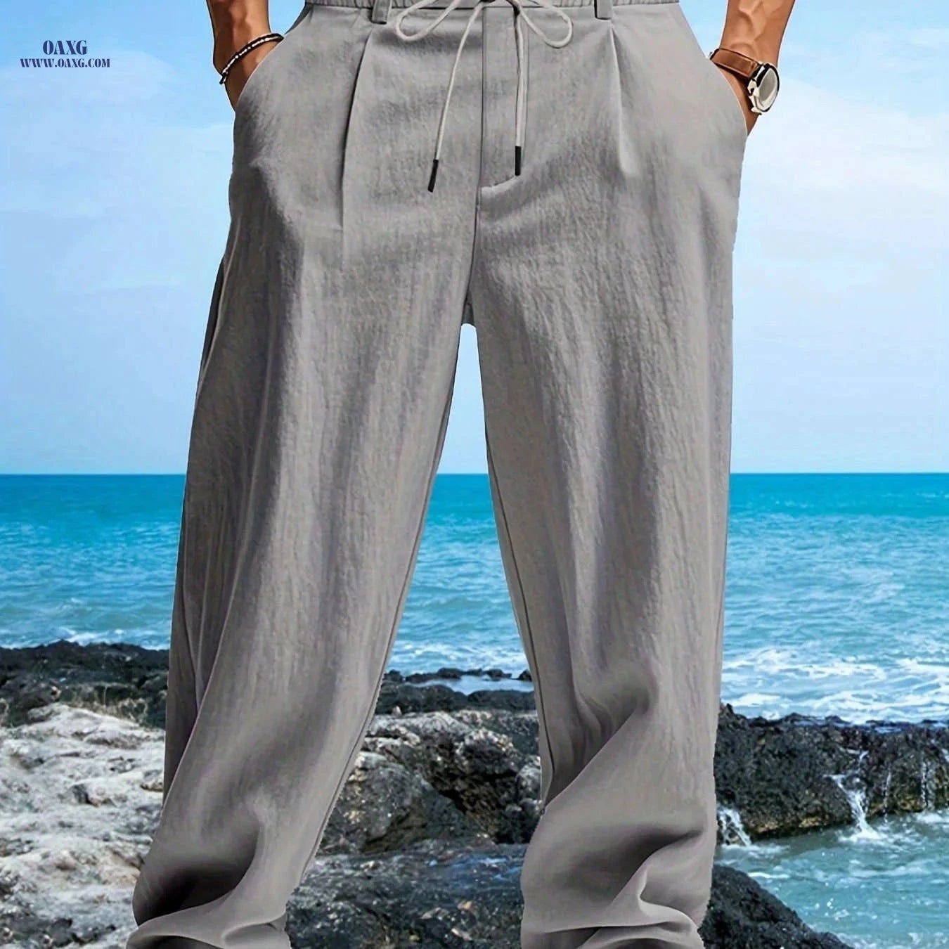 Men's Casual Linen Beach Pants - Breathable, Loose Fit, Drawstring   OAXG 