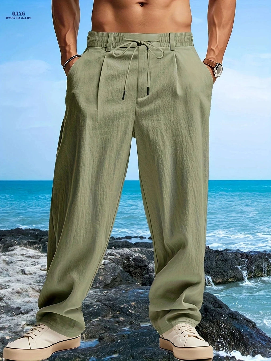 Men's Casual Linen Beach Pants - Breathable, Loose Fit, Drawstring   OAXG Khaki / FR S