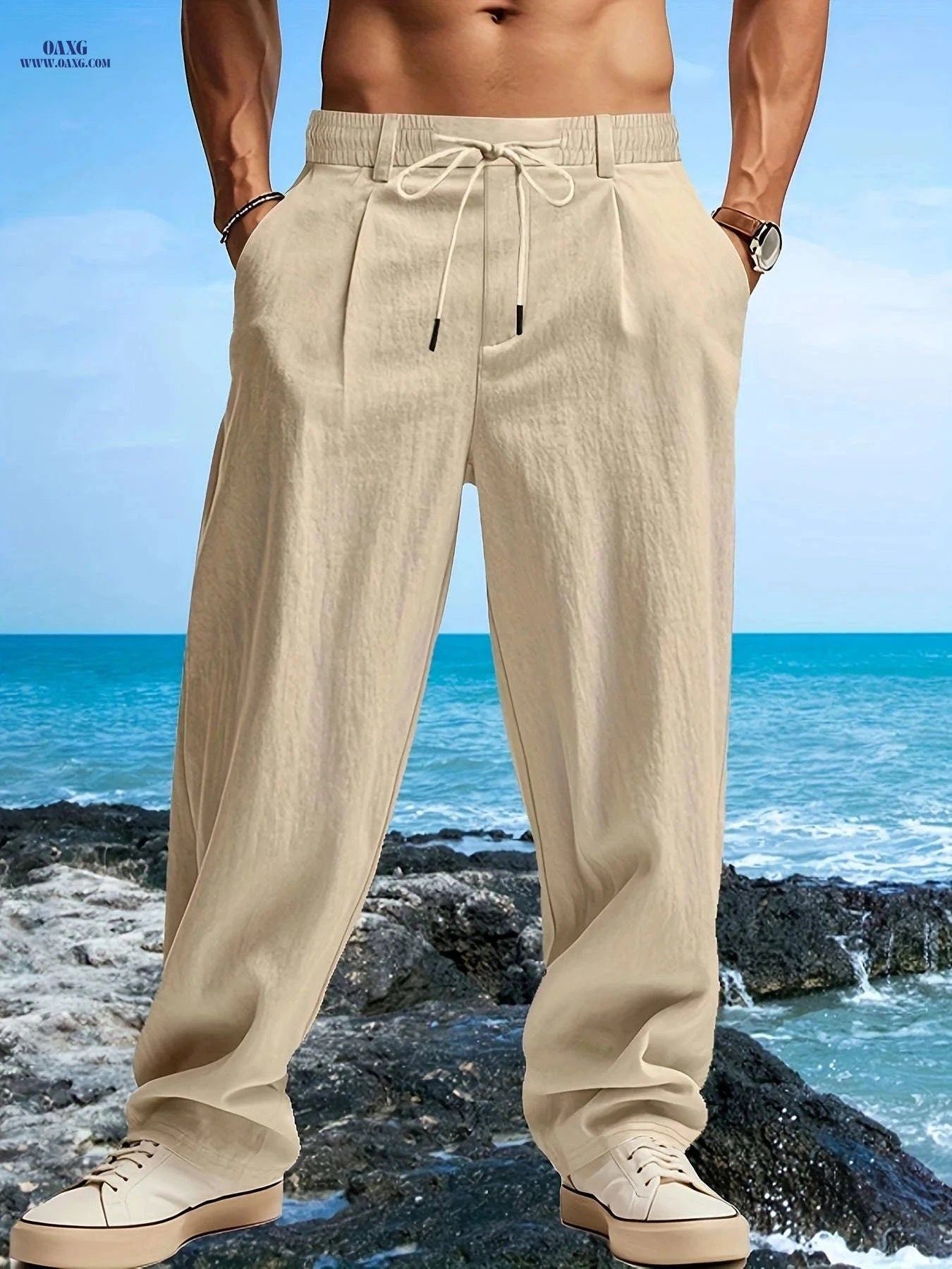 Men's Casual Linen Beach Pants - Breathable, Loose Fit, Drawstring   OAXG 