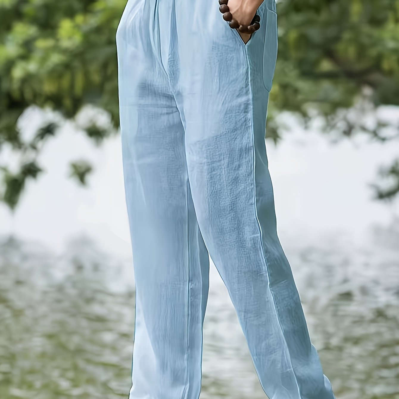 Men's Casual Linen Pants - Elastic Waist, Loose Fit for Spring   OAXG 