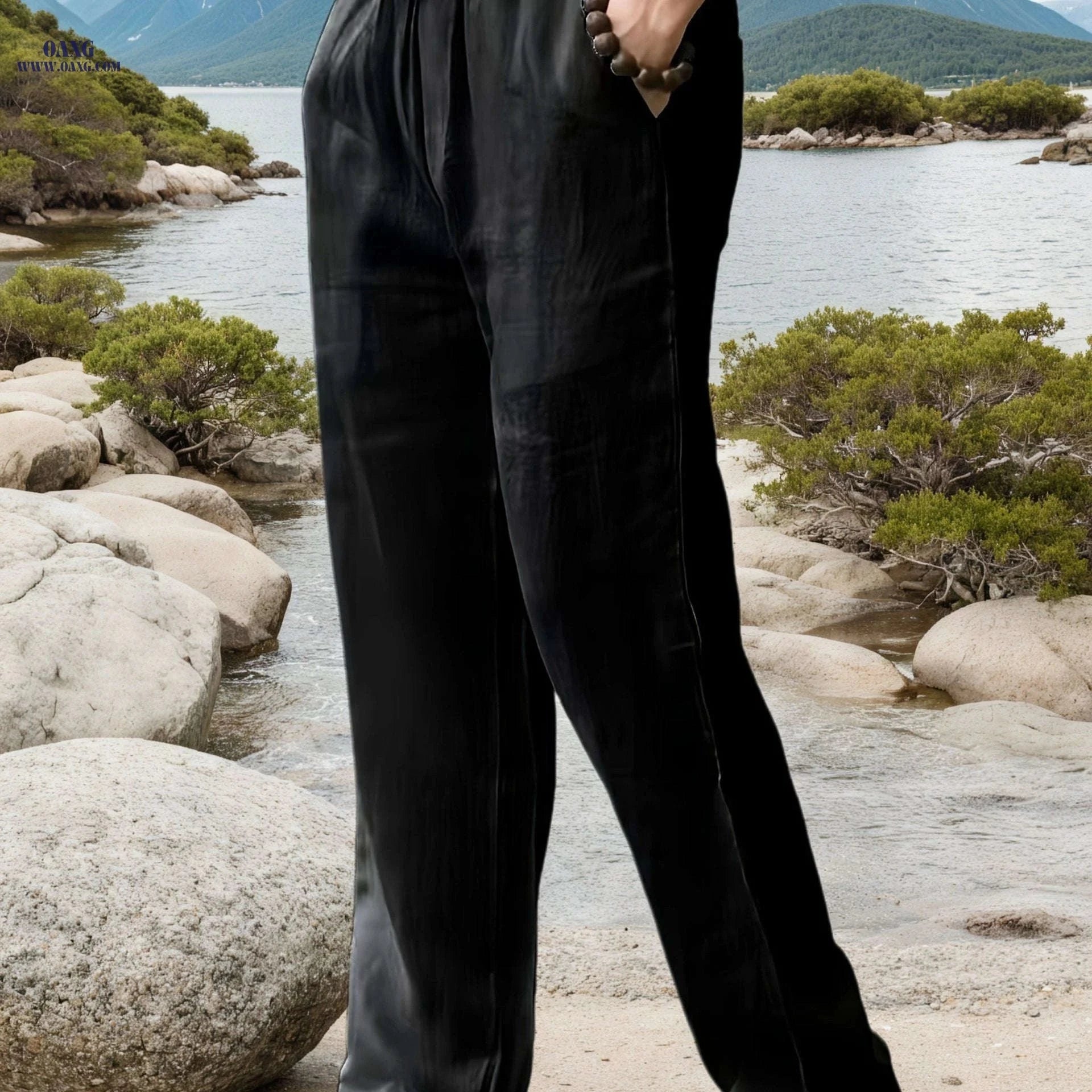 Men's Casual Linen Pants - Elastic Waist, Loose Fit for Spring   OAXG 